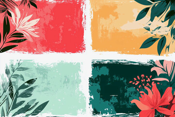 Poster - Four different colored squares with a flowery design on them. The squares are green, red, blue, and yellow