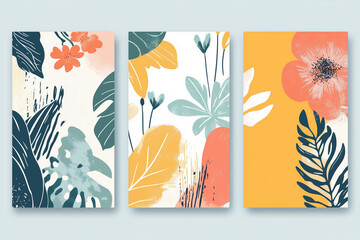 Poster - Three colorful paintings of flowers and leaves. The paintings are abstract and have a bright, cheerful feel