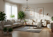 © Meenurajput - Bright, cozy living room with natural light, lush plants, and soft textures, creating an inviting modern sanctuary. Home decor.