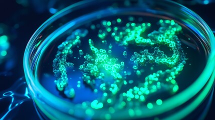 Colonies of bioluminescent bacteria growing in petri dish, creating a mesmerizing display of vibrant green light against a dark blue background