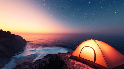 Wall Mural - camping under stars landscapes idea. a serene camping scene by the ocean at sunset, with a glowing t