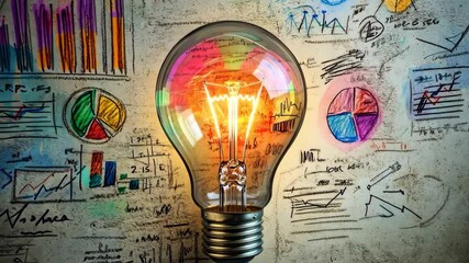 Poster - A vibrant light bulb illuminates colorful graphs and business schematics on a textured background, symbolizing creativity and innovative thinking in the business technology landscape.