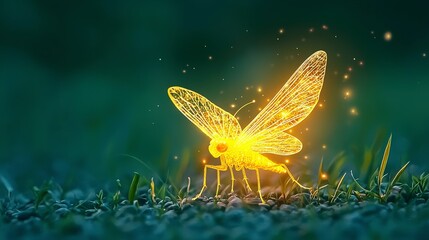 Aufkleber - Glowing Insect: A captivating digital illustration showcasing a luminous insect with radiant wings, perched amidst blades of grass against a soft, blurred backdrop.