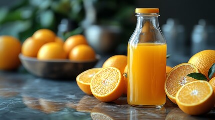 Aufkleber - A glass bottle filled with freshly squeezed orange juice sits on a marble table beside sliced oranges and whole oranges. The setting is bright and inviting, perfect for breakfast.
