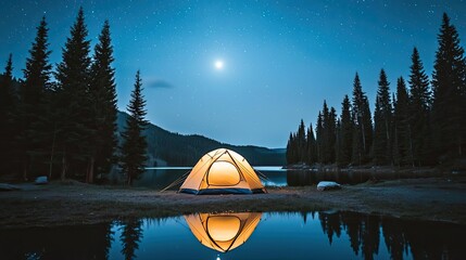 Wall Mural - camping under stars landscapes idea. a serene camping scene under a starlit sky with a glowing tent 