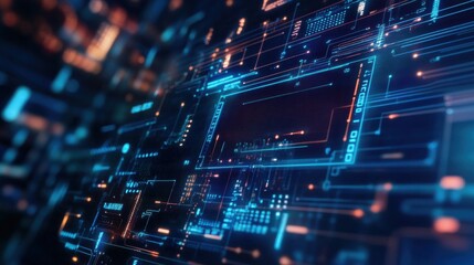 A computer chip with many small squares of blue and orange