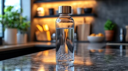 Aufkleber - A clear water bottle sits on a kitchen counter illuminated by soft, warm lighting. The bottle is filled with fresh water, creating a refreshing atmosphere in the modern kitchen.