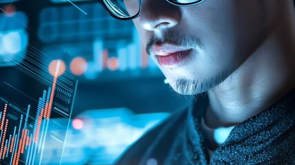 Poster - A person with glasses analyzes complex data visualizations on a large screen, showcasing the blend of advanced technology with modern business analysis and reporting in todays corporate world