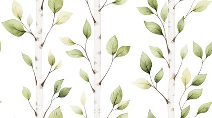 Poster - Serene Birch Branches: A delicate watercolor painting depicts elegant birch branches adorned with verdant leaves, creating a seamless pattern. The leaves whisper of spring