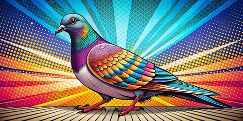 Poster - Panoramic Colorful Comic Pigeon on Geometric Background - Fun Stock Photo