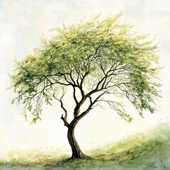 Poster - Tree illustration, watercolor style, leaves rustling in gentle breeze.