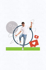 Poster - Trend image vertical photo collage of happy man receive like notification bubble icon feedback click subscriber share heart