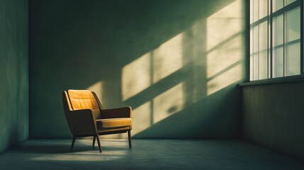 Poster - Cozy vintage chair in minimalist room illuminated by soft sunlight