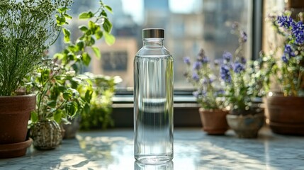 Poster - A transparent water bottle stands upright on a marble surface, illuminated by natural light. Surrounding it are potted plants and vibrant flowers, creating a serene atmosphere.