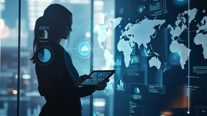 Poster - A striking silhouette of a business professional confidently examines advanced digital displays, showcasing the seamless fusion of cuttingedge technology and innovative business strategy in action