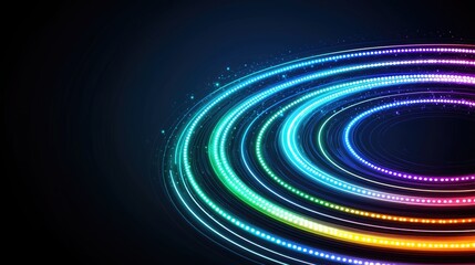 Poster - Dynamic light circles creating vibrant patterns digital realm graphic design dark background abstract art