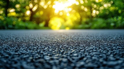 Poster - asphalt road surface with blurred greenery and warm sunlight, bokeh effect