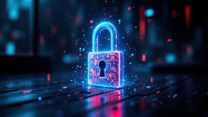 Cybersecurity lock in a digital space with code particles surrounding it.