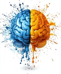 Poster - Watercolor brain function artwork with blue and orange colors, vibrant splashes, and dynamic forms.