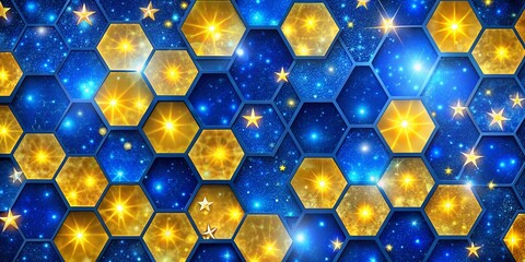 Poster - Night Sky Hexagon Pattern: Blue Yellow Starry Night Photography