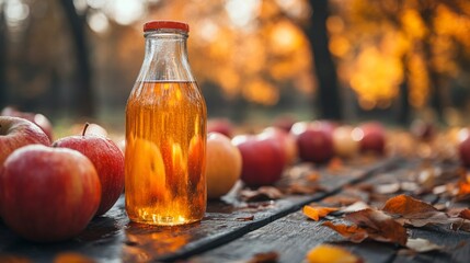 Poster - A bottle of fresh apple juice stands on a rustic wooden table, surrounded by bright red apples and vibrant autumn leaves in a serene park setting.