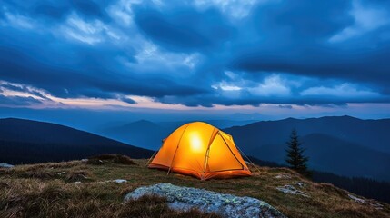 Wall Mural - camping under stars landscapes idea. a solitary tent glowing under the night sky in a serene mountai