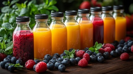 Aufkleber - Colorful glass bottles filled with a variety of fresh fruit juices sit on a rustic wooden table.