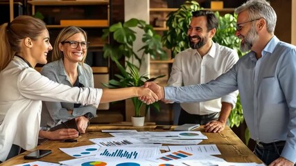 Poster - A diverse group of business professionals meets to exchange innovative ideas and analyze data reports to improve decisionmaking and boost overall productivity in the organization