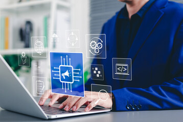 Wall Mural - marketing automation and digital strategy concept. businessman working on laptop with marketing auto