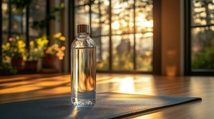 Poster - A clear water bottle sits on an exercise mat in a tranquil room, displaying warm sunlight filtering through large windows, creating a peaceful atmosphere in the evening.