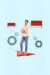 Aufkleber - Creative artwork collage of man with crossed arms stand plane message on blue background