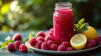 Aufkleber - A jar filled with vibrant raspberry lemonade is placed on a wooden table surrounded by fresh raspberries and lemons. Green foliage in the background enhances the summer vibe.