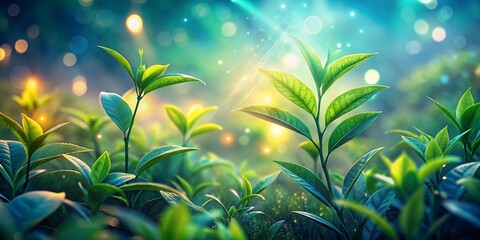 Poster - Mystical Glowing Tea Leaves in a Magical Garden - Bokeh Effect Stock Photo