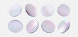 © Doloves - Glass round transparent plate set. Circle shape lens light holographic gradient effect. Clear glossy disk, badge, lens, crystal element glass material. Vector realistic morphism illustration