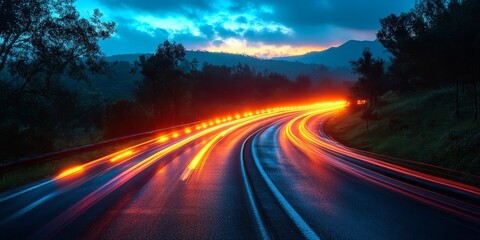 Poster - Vibrant light trails illuminate a night highway amidst a serene landscape with rolling hills and a moody sky