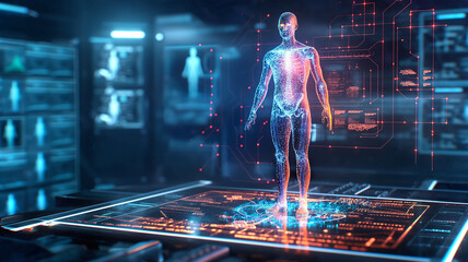 Poster - This high-tech lab displays a digital human highlighting genetic modifications.