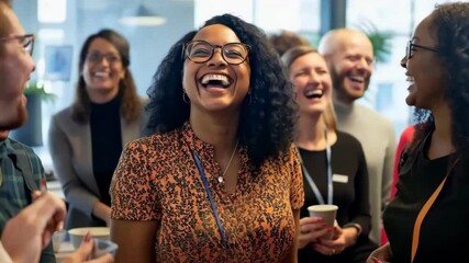 Poster - In a vibrant workspace, a diverse group of business professionals gathers, engaging in conversations filled with laughter, showcasing effective collaboration and fostering meaningful connections
