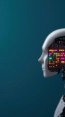 Poster - A futuristic robot with a glowing head illuminating the surroundings in a darkened environment