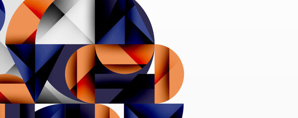 Poster - Abstract geometric design with intersecting circles, triangles, squares and sharp angles creating a layered composition with gradients, depth, and contrast