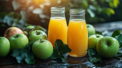 Aufkleber - Two glass bottles filled with bright orange juice sit among lush green apples and leaves. The natural light enhances the freshness, creating a vibrant atmosphere in the afternoon.
