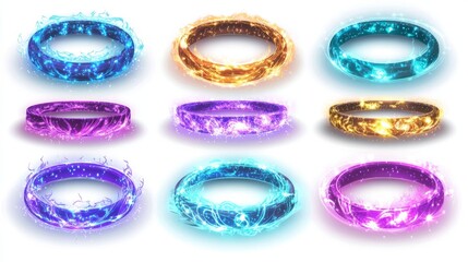 Poster - An illustration of a luminous circle with sparkles, showcasing a contemporary, lifelike arrangement of blue and purple gleaming rings, swirls, and a circular frame with a flare trail and glitter