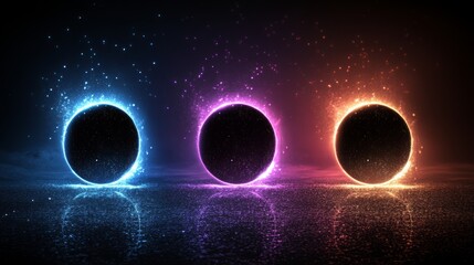 Poster - A depiction of a radiant circle with sparkles, characterized by a modern, realistic set of blue and purple shiny rings, swirls, and a round frame with a flare trail and glitter dust