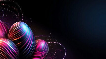 Poster - Stylized Easter eggs with vibrant colorful stripes are clustered together against a dark background, complemented by trailing dotted lines and diffuse