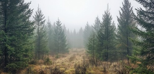 Poster - Fog enveloping tall trees in a mountain forest landscape