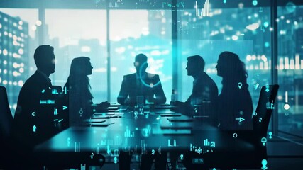 Poster - In a vibrant urban setting, a diverse group of professionals holds a strategic meeting against a city skyline, with digital overlays showcasing technology and innovative ideas, promoting teamwork
