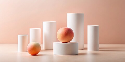 Poster - Minimalist Geometric Still Life: Peach Sphere and White Cylinders