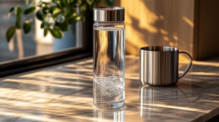 Aufkleber - Light filters through a window, casting shadows on a marble countertop. A clear water bottle stands with swirling water beside a metal cup, creating a tranquil atmosphere.