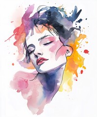 Poster - Watercolor Painting of a Woman with Eyes Closed and Colorful Splashes