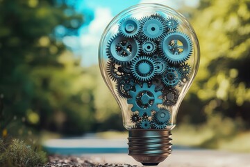 Poster - A symbolic lightbulb filled with blue gears, representing innovative ideas and solutions, set against a blurred natural outdoor background with trees and sky.