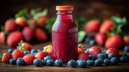 Poster - A glass bottle filled with vibrant berry juice sits among fresh strawberries and blueberries on a rustic wooden table. The scene is colorful and inviting, perfect for a healthy refreshment.